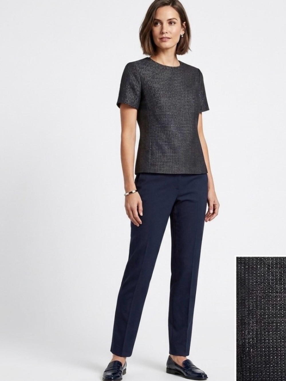 Halogen Black Short-Sleeve Textured Crewneck Top